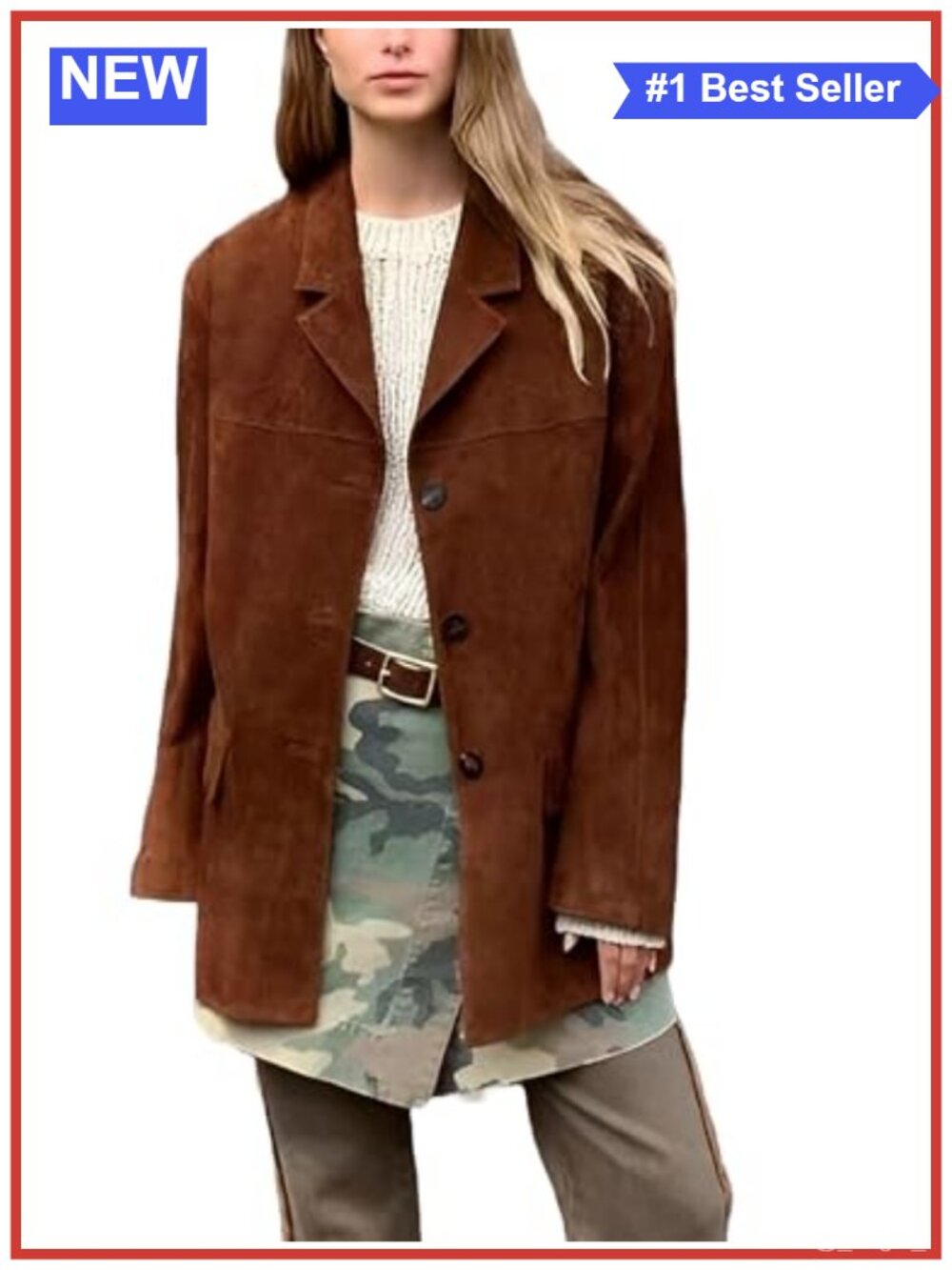 Suede Leather Blazer Jacket Oversized Button Front Notch Collar Relaxed Fit